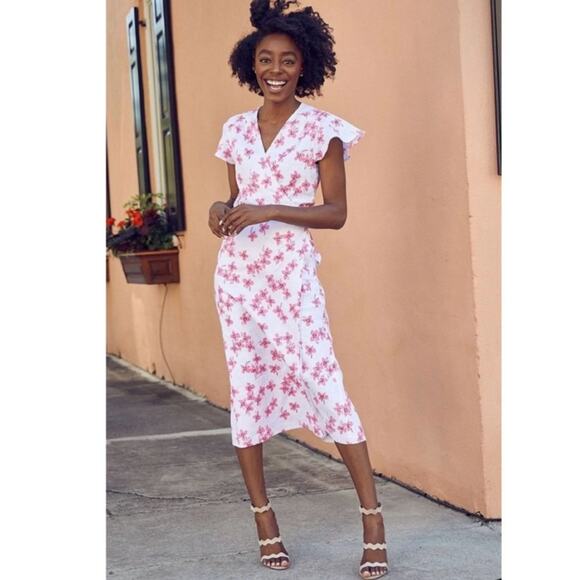 Draper James Pink Floral Linen Midi Wrap Dress size 4 - Picture 1 of 14